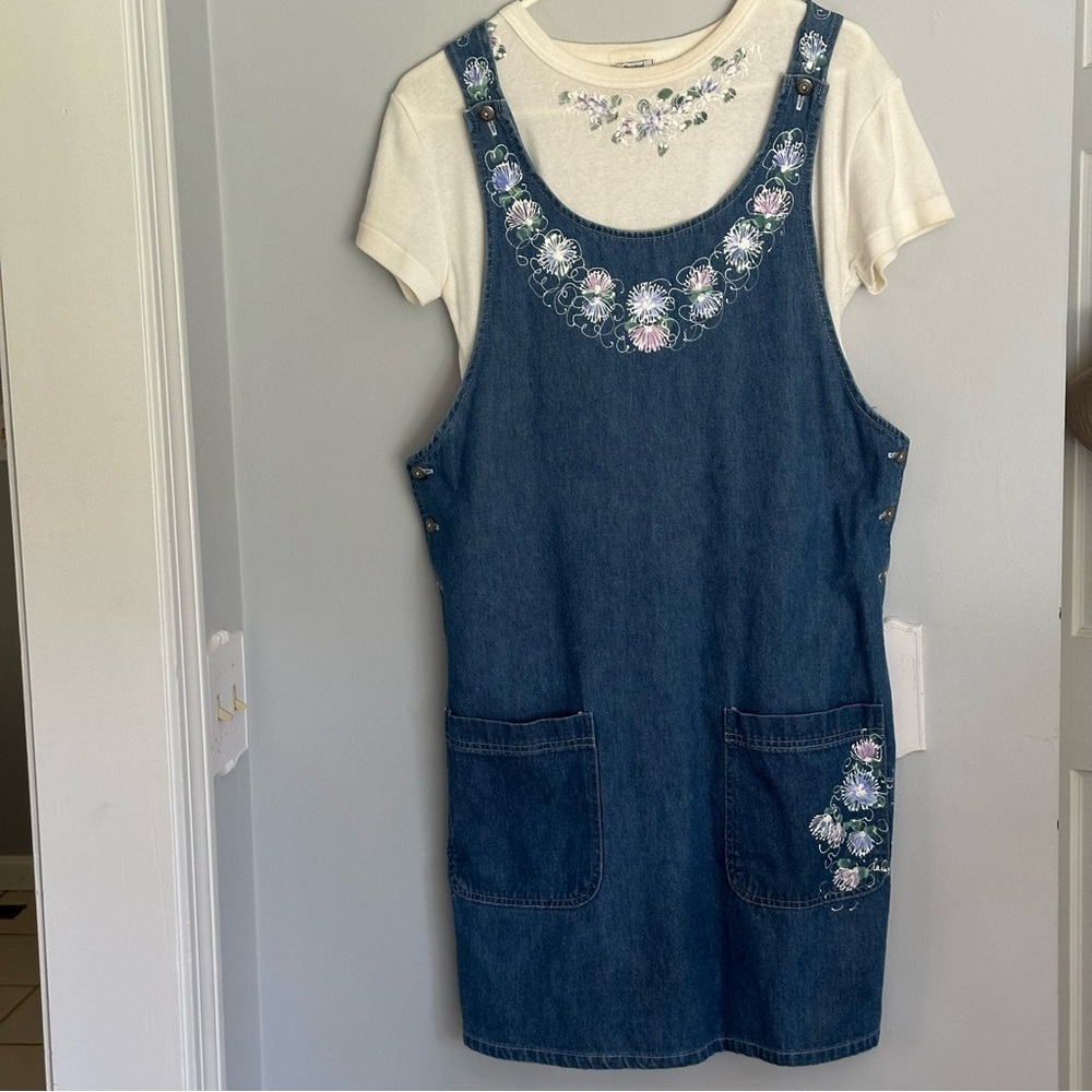 Denim jumper with top.Vintage by Deborah Ann.Painted floral design.